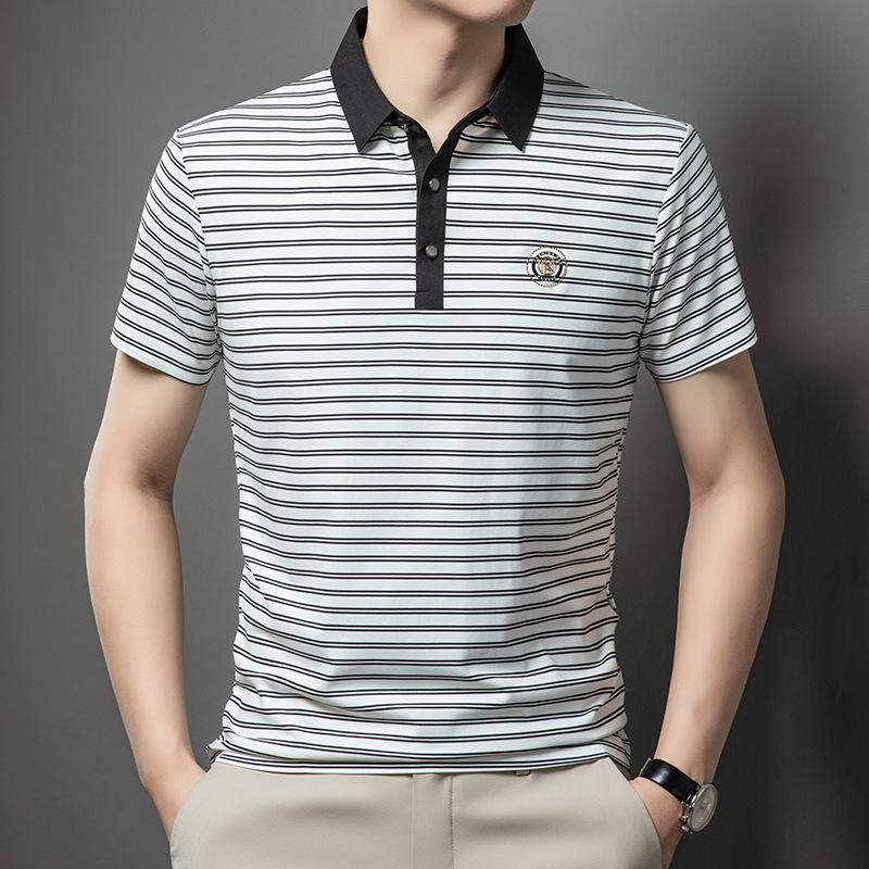 Polo Shirt Men'S Short-Sleeved Striped T-Shirt Thin Medium Men'S High-End Sense Seamless Lapel Half-Sleeved T-Shirt