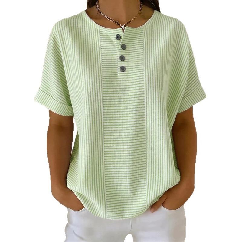 Women Blue White Vertical Stripe Henley Neck Half Button Roll Cuff Short Sleeve Loose Casual Blouse