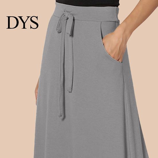 Long Skirt Women Maxi Adjustable Drawstring High-Waisted Solid Color Casual with Pockets Work