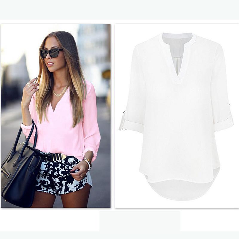 Polyester V Neck Button Front Womens Casual Shirt For Office And Spring Wear