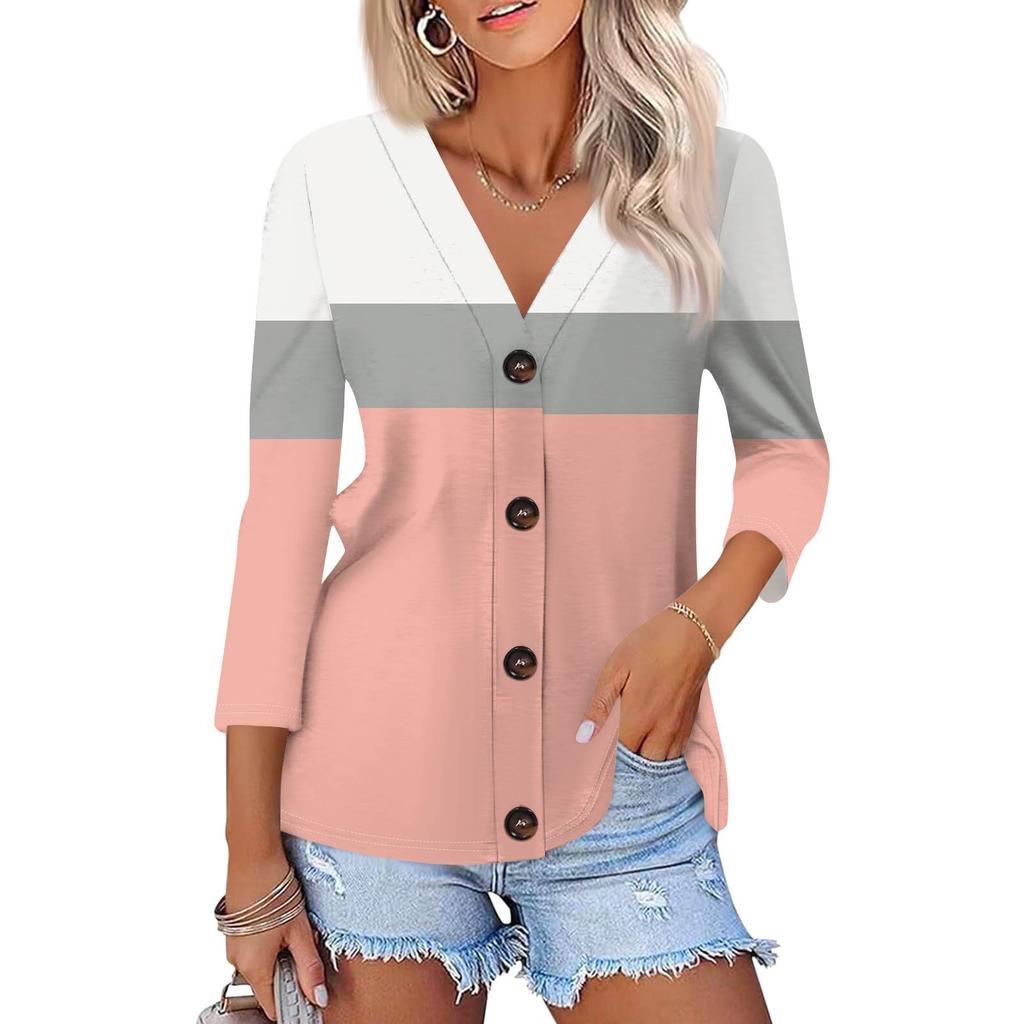 Moda Donna Casual Camicia a Maniche a Tre Quarti con Bottoni e Stampa Geometrica a Righe Top Cardigan
