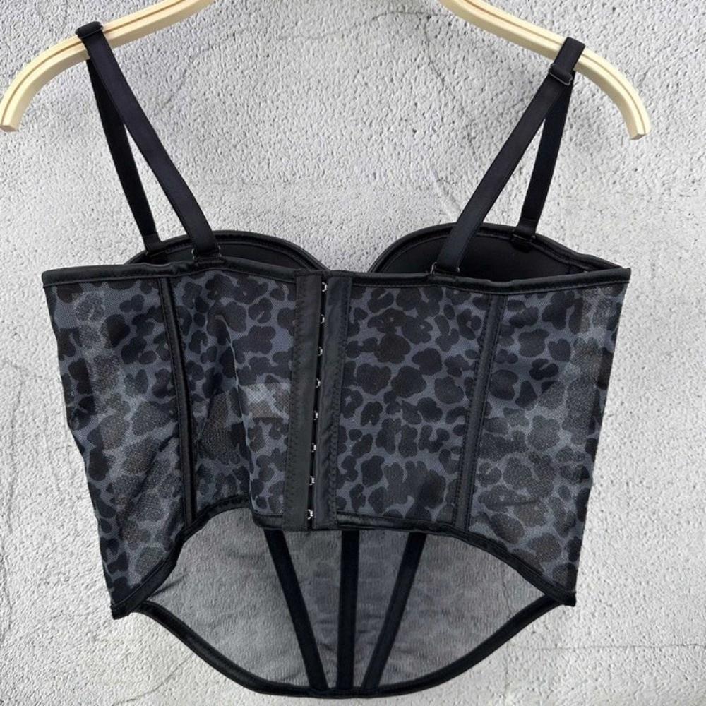 Slim Fit Leopard Print Fishbone Camisole Buckle Elegant Suspender Vest Sleeveless with Padded Cups Slim Leopard Corset Ladies