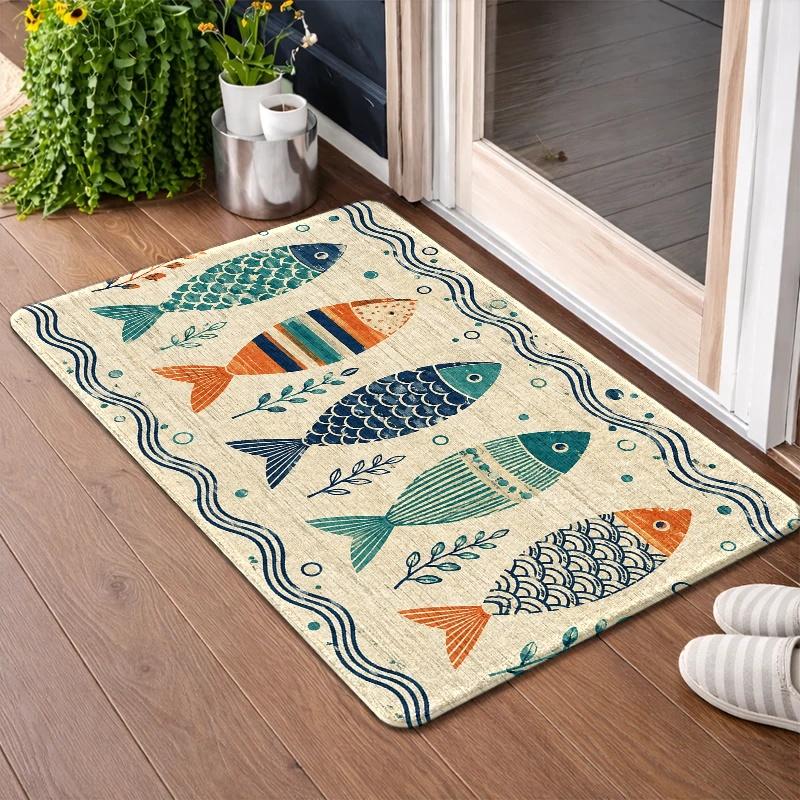 Vibrant Printed Fish Pattern Polyester Doormat Mat for Entryway Beach Nautical Bathroom Decor Waterproof House Mat Rug Idea