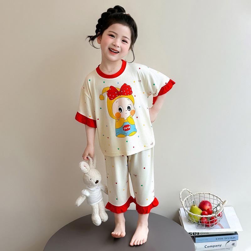 Girls' Summer Modal Pajamas - Cartoon Princess Style, Three-Quarter Sleeves. Perfect Air Conditioning Home Wear for Kids.