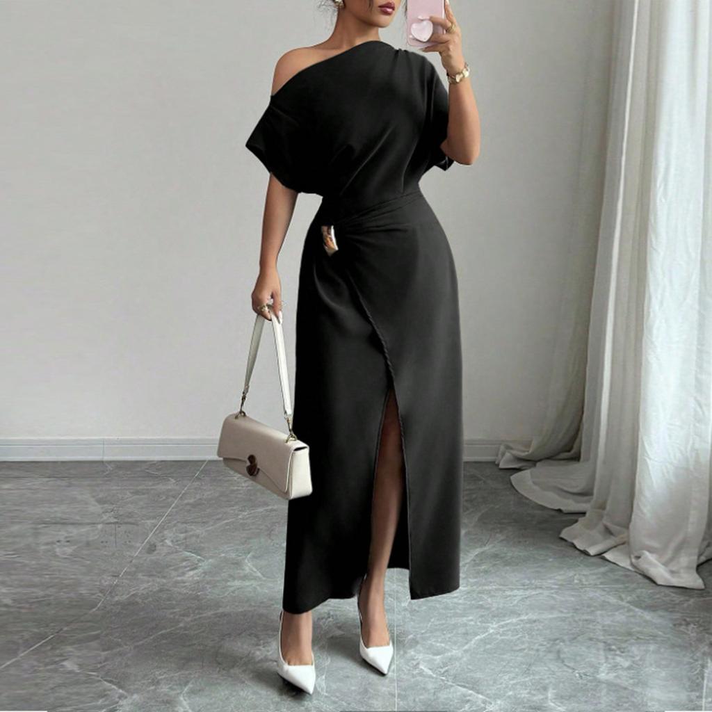 Women's Summer Fashion Color Off Shoulder Split Elegant Slimming Hip Hugging Dress