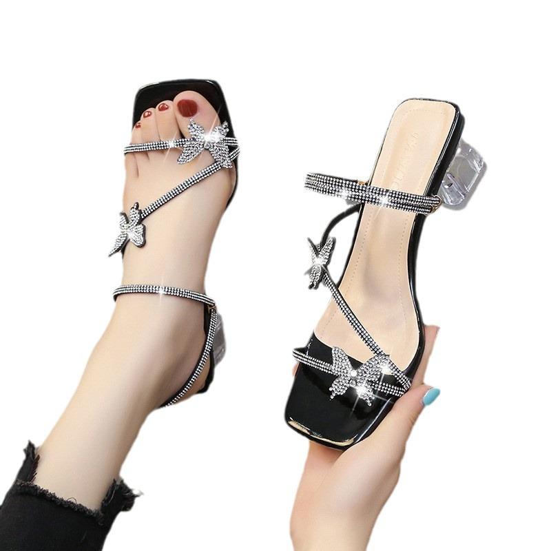 Crystal Rhinestone Butterfly Thick Heel Two Wear Set of Toe Slippers Sandals Summer New Fashion Women