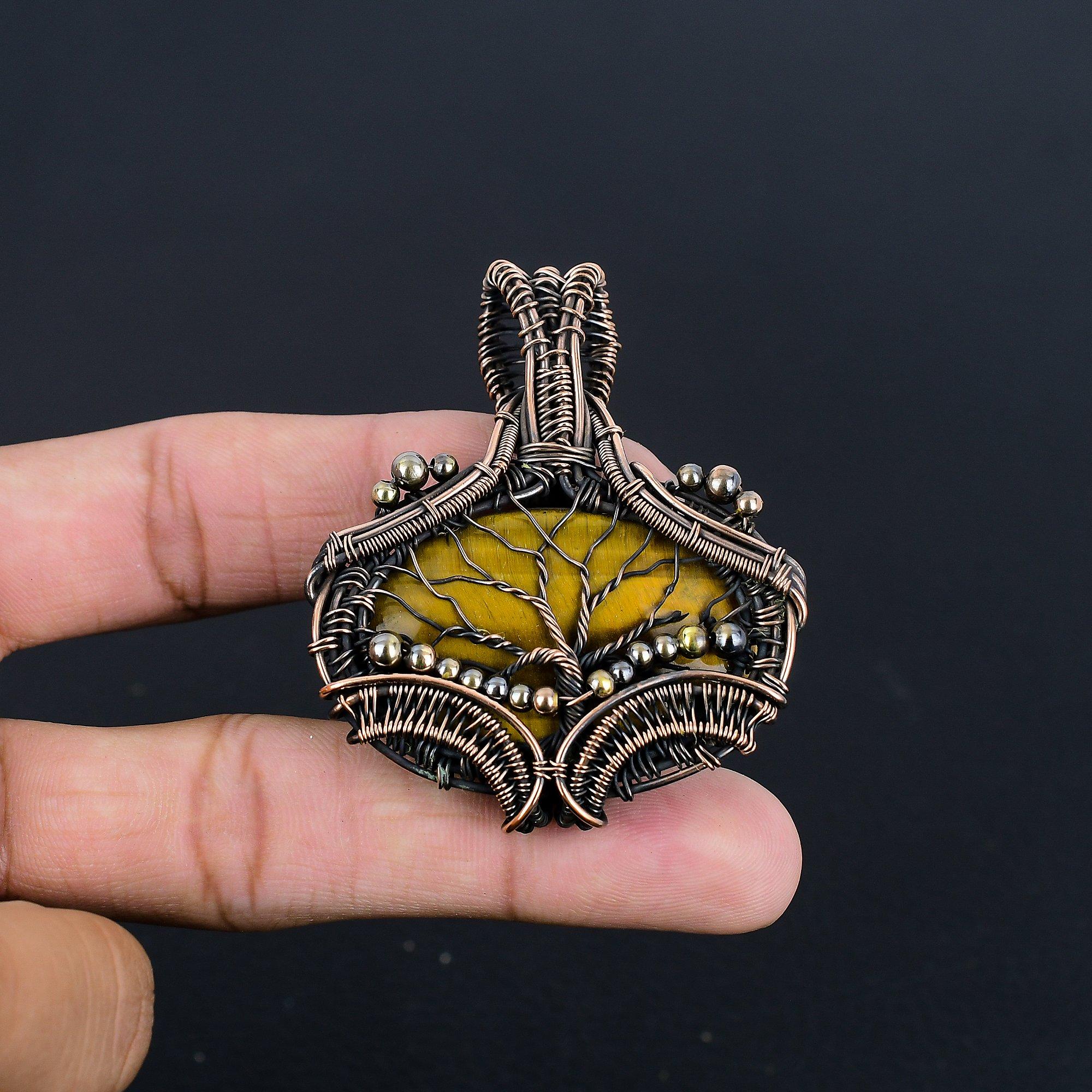 

Кулон из Тигрового глаза, обернутый медной проволокой 999 пробы, Кулон из натурального камня ручной работы, Подарок для мамы, Антикварное украшение 2.55 Inches