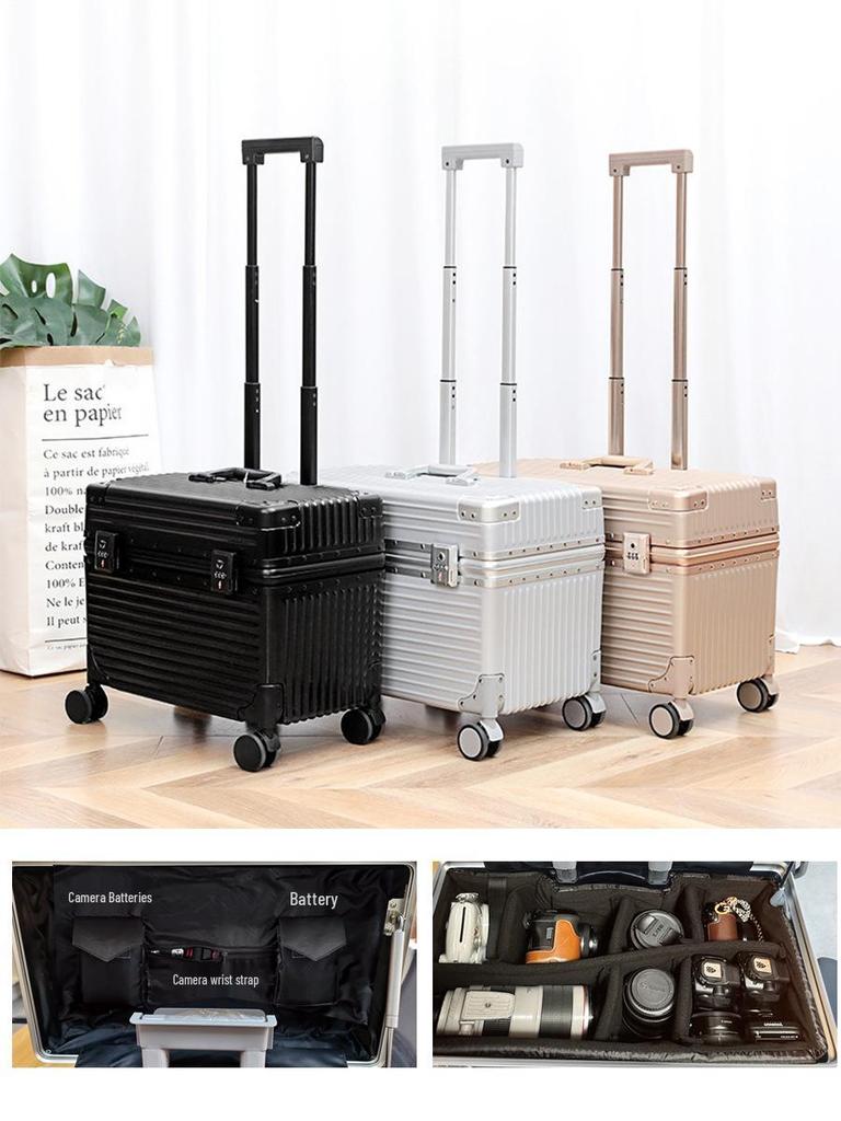 18" Aluminum Frame Top-Opening Suitcase with Universal Wheels for SLR Photography Travel, Flight Attendant, or Business Carry-On.