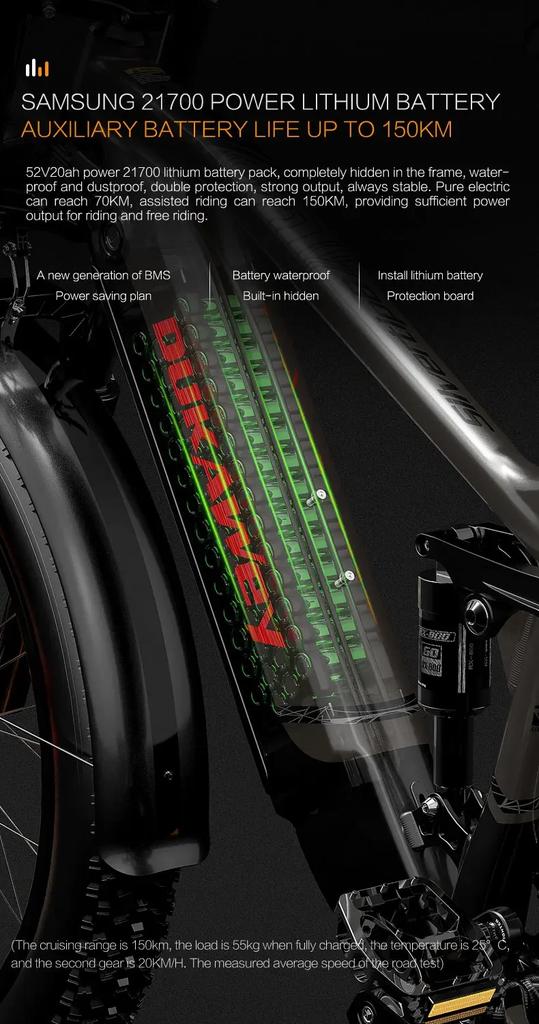 Bicicleta Eléctrica Dukawey Silvertip8 1000W52V20AH Todoterreno, E-Bike Totalmente Suspendida para Adultos, Frenos Hidráulicos Dobles