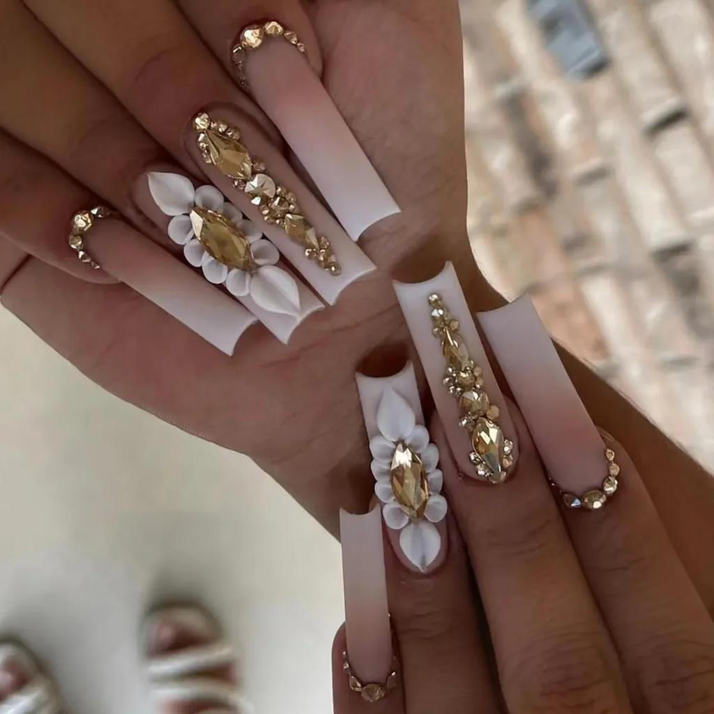24Pcs Long French Fake Nails with Glue Ballet False Nails Butterfly Rhinestone Design Press On Nails Wearable Coffin Nail Tips