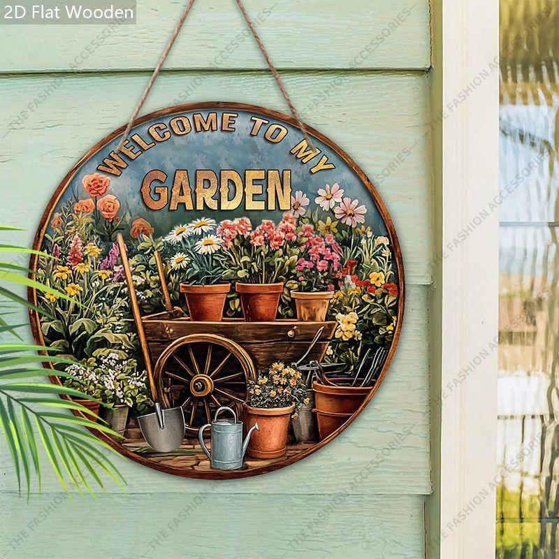Welcome To My Garden Floral Round Wooden Hanging Sign, 2D Flat Wooden Garden Front Door Decor