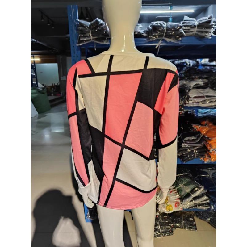 Autumn Long Sleeved Casual Loose V-neck Cross Geometric Printed Women's T-shirts