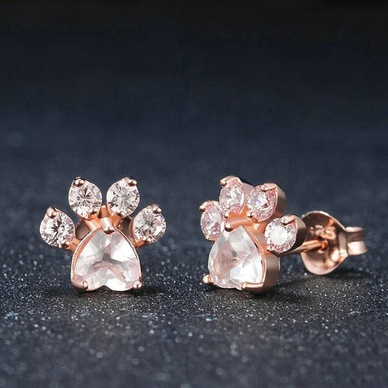 Rose Gold Zircon Cat Paw Earrings: Cute, Unique Design