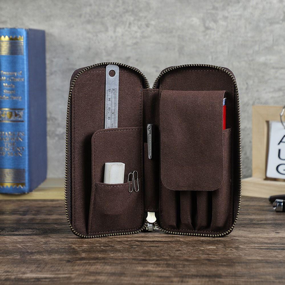 Vintage Style Genuine Leather Pencil Case 4 Slots Design Pen Case Pencil Bag Office Supplies