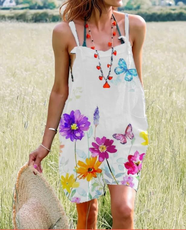 1116 European and American women's clothing ebay summer cotton and linen retro printing straps wide-leg women's jumpsuit