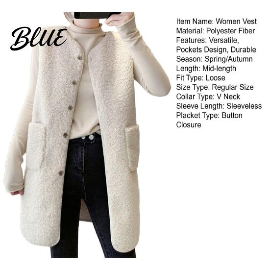 Women Polyester Vest Lady Jacket V-Neck Button Sleeveless Coat Stylish Casual Beautiful Closure with Pocket