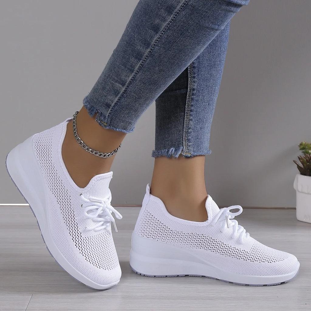 Fashion Breathable Wedge Sneakers Women Mesh Knitted Platform Sports Shoes Woman Casual Non-Slip Lace Up Tennis Shoes Ladies2025