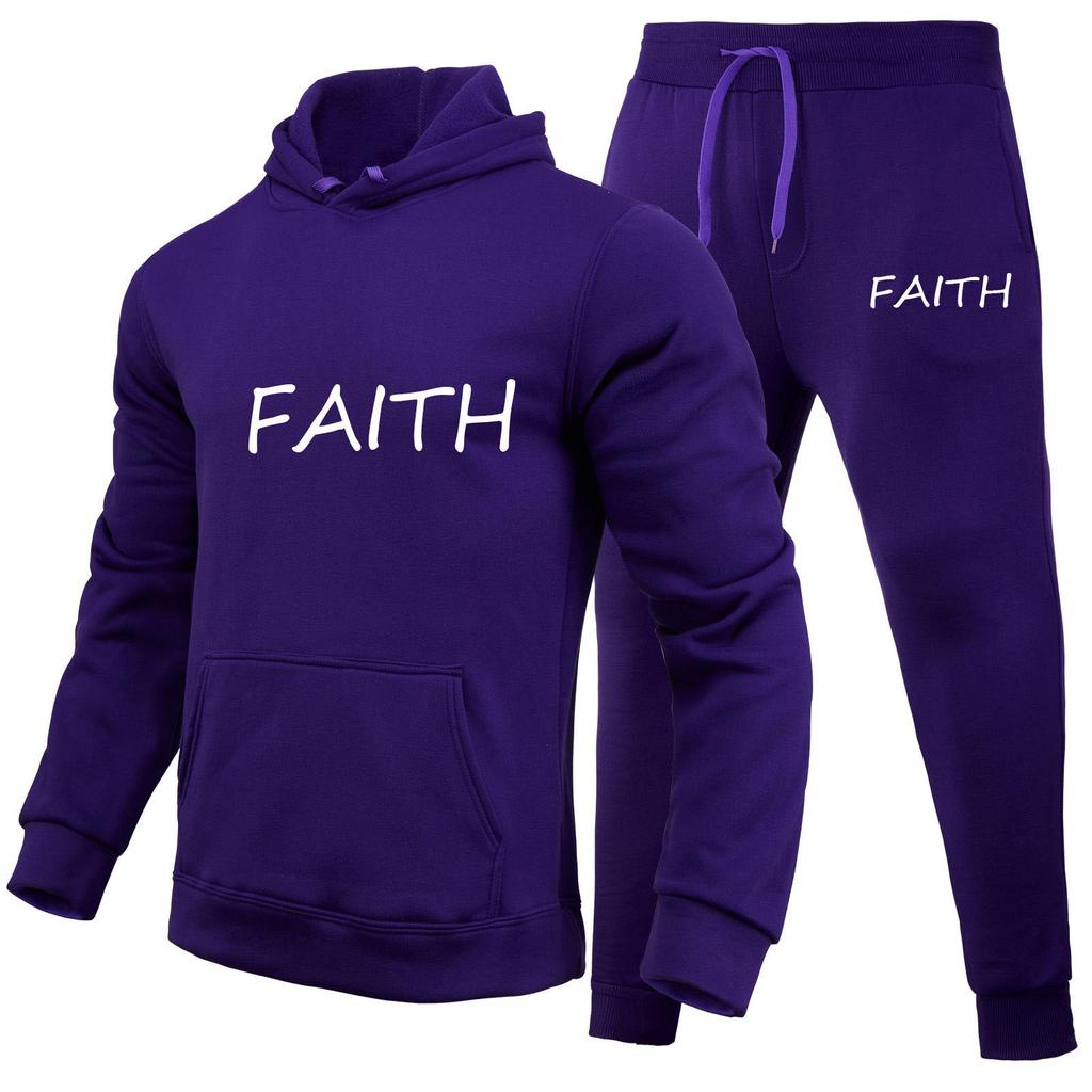 FAITH Letters Printed Suits Autumn Winter Tracksuit Men Solid Hooded 2 Piece Sets Mens Outfits Suit Men Fleece Sport Hoodie Sweatpants Two Piece Sets