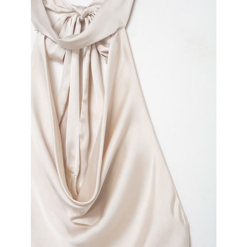 2025 Silk Satin Halter Neck Sleeveless Top with Draped Collar
