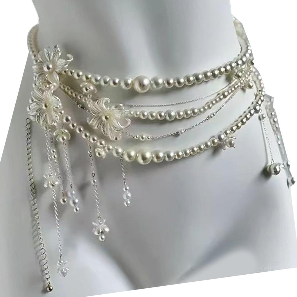 Elegant Tassel Floral Pearl Layered Waist Chain Multilayer Body Chain Decorative Belly Decor for Fashion Forward Women