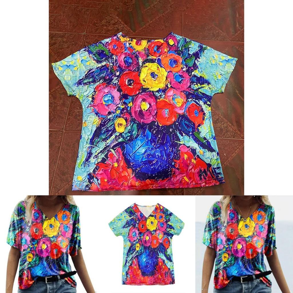 Summer Casual T Shirt With Floral Print And V Neck For Women