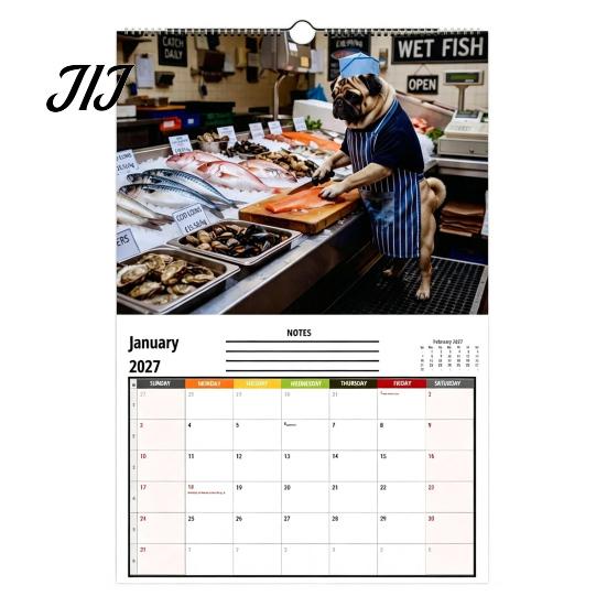 Home Study Room Decoration 2027 Pugs Working Wall Calendar, Funny Dog Hanging Office Organizer 12 Monthly Planner with Unique Illustrations for Decor
