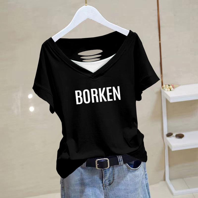 2025 Lato Damski Top Bawełniany z Dekoltem V i Dziurami - Krótki Rękaw