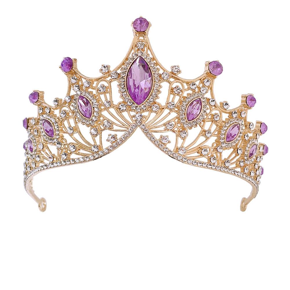 Baroque Purple Diamond European and American Retro Grand Crown Wedding Bride Headwear Dress Necklacethree Piece Set