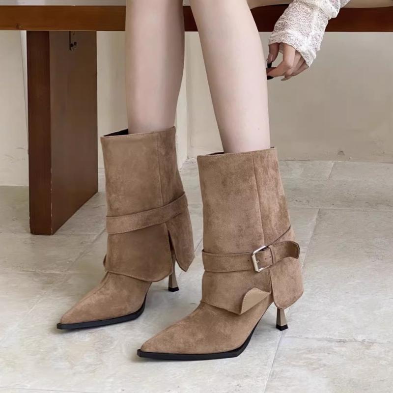 2025 New Women's Stiletto Booties Autumn New Pointed Toe Suede Buckle Non-Slip Wear-Resistant High Heels