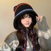 Japanese-style rainbow striped knitted hat for women, autumn and winter warm ear-protecting tie-back pullover hat, versatile woolen hat for students,