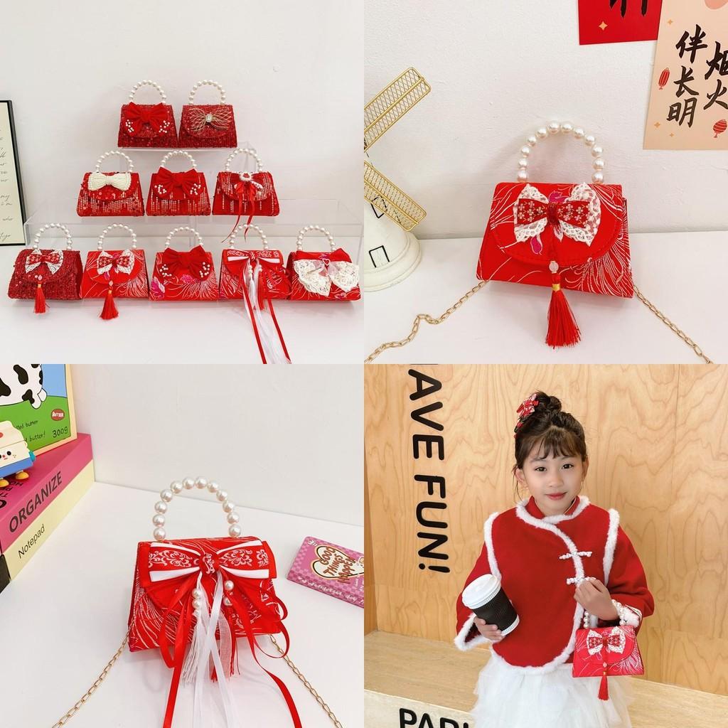 Adorable Red Shimmering Bow Pearl Children's Shoulder Bag For New Year Celebrations