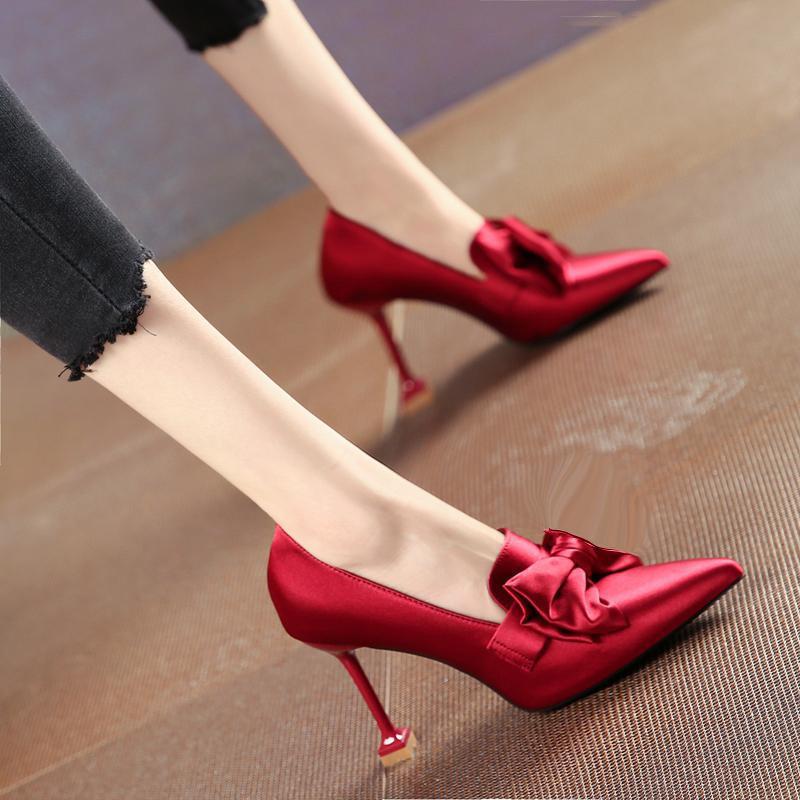 Pointed Bow High Heels Single Shoes Women's Thin Heels Korean Version 2025 Spring New Niche Deep Mouth Shoes Red Wedding Shoes