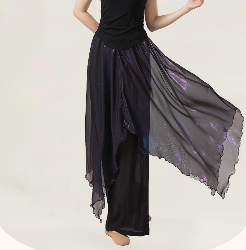 Classical Dance Dress Pants Women Double Layers Loose Trouser Practice Costume Spliced Shiny Chiffon Skirt Performance Dancewear
