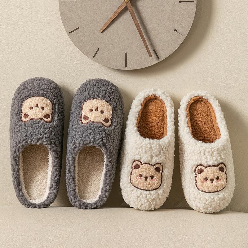 Cotton Slippers Winter Non-slip Cute Bear Indoor Home Plush Couple Bag Heel Cotton Shoes 2025 New