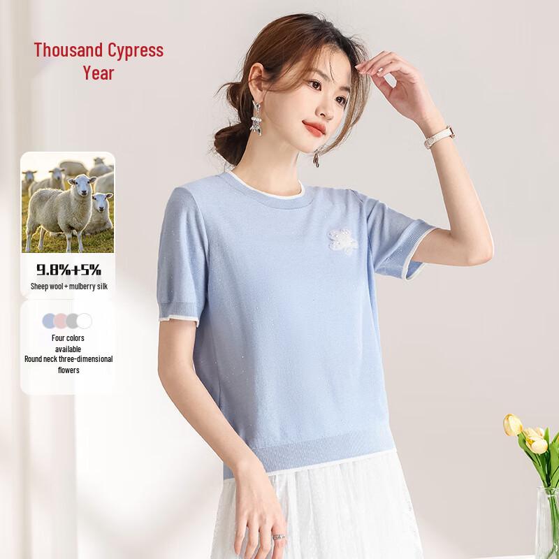 

Qianbainian Women s Mulberry Silk Blend Round Neck Floral Knit T-Shirt 2XL