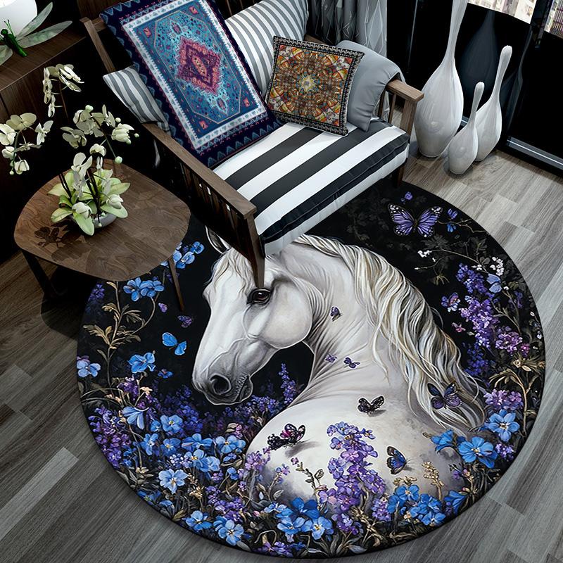 White Horse Round Area Rug,Carpet Rug for Living Room Bedroom Sofa Playroom Decor,Non-slip Floor Mat
