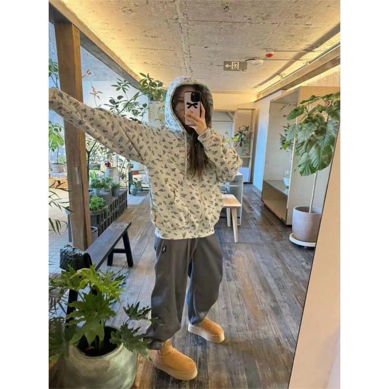 Retro Floral Hooded Cardigan Sweatshirt - Thick, Loose Fit for Spring and Autumn