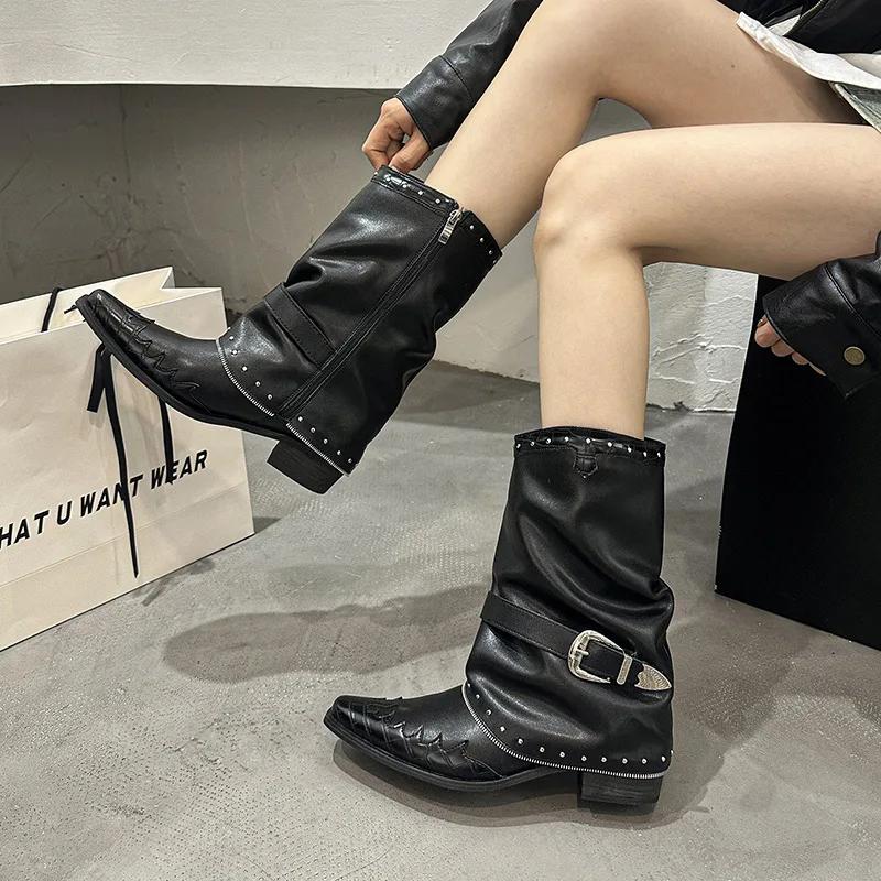 Fashion Trendy Western Cowboy Boots Pointed Toe Knight Style Women's New Vintage Small Crowd V-Notch Large Size Screwed Pants Boots