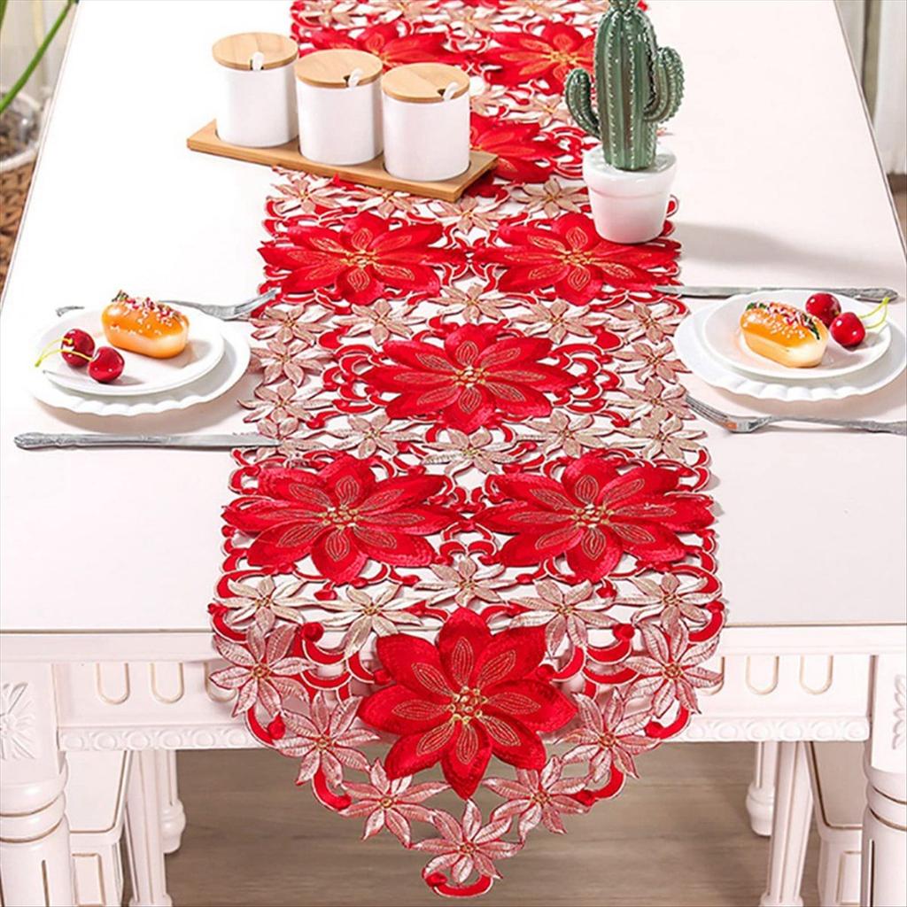 BHBL Christmas Table Runner, Poinsettia Holly Leaf Embroidered Table Linens for Christmas Decorations 15 X 86 Inch