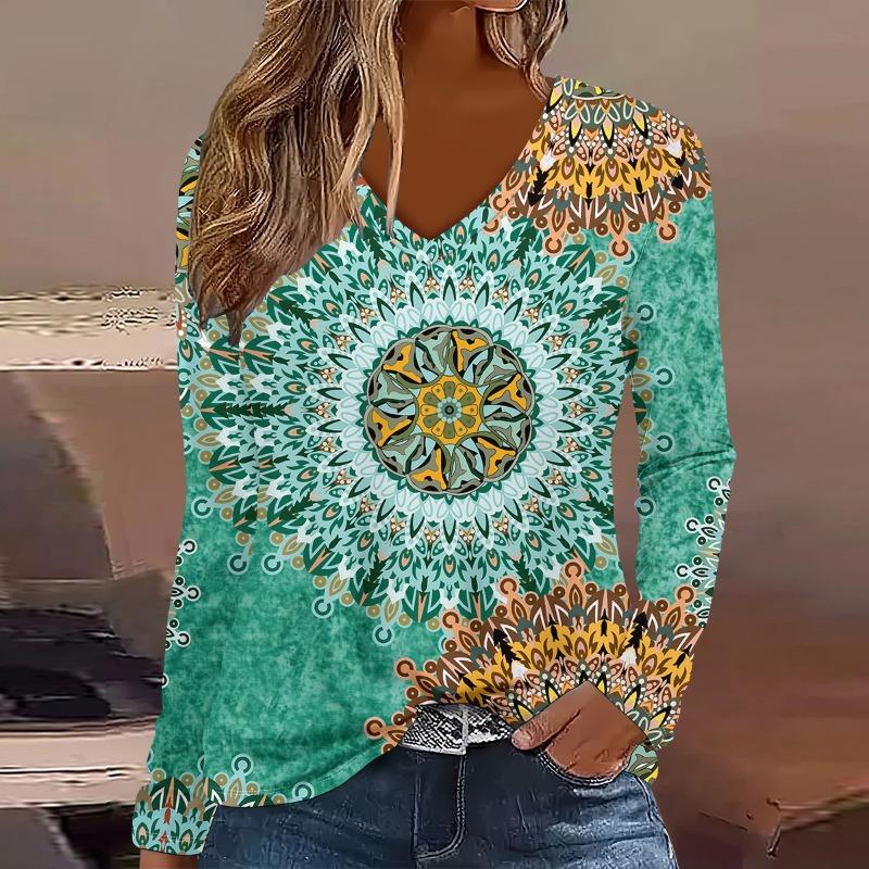 Women's Long Sleeved T-shirt Fashion Flower 3D Printed V-neck Long Sleeve Tops  Autumn Casual Festive Tops For Women Clothing