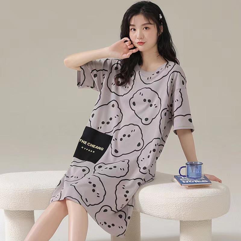 Summer Women Dress Large Short-Sleeved Cartoon Nightdress with Cute Bear Graphic Vestidos