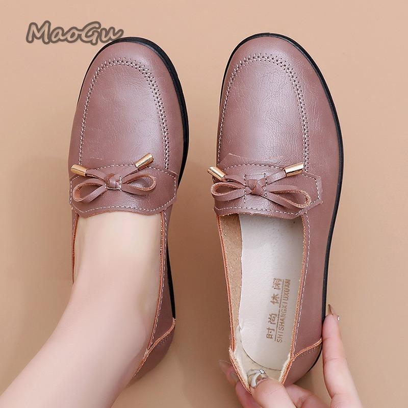 Fashion Spring Autumn Bow Mom's Flat Loafers Soft Sole PU Leather Shoes for Women Slip on Comfortable Casual Shoes Grandma Gift Loafers