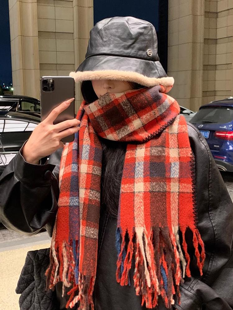 Knitted Retro Scarf Headscarf Winter Women Men Preppy Plaid Tassel Warm Scarve Pashmina Mujer Femme Male Long Wrap Shawl Unisex