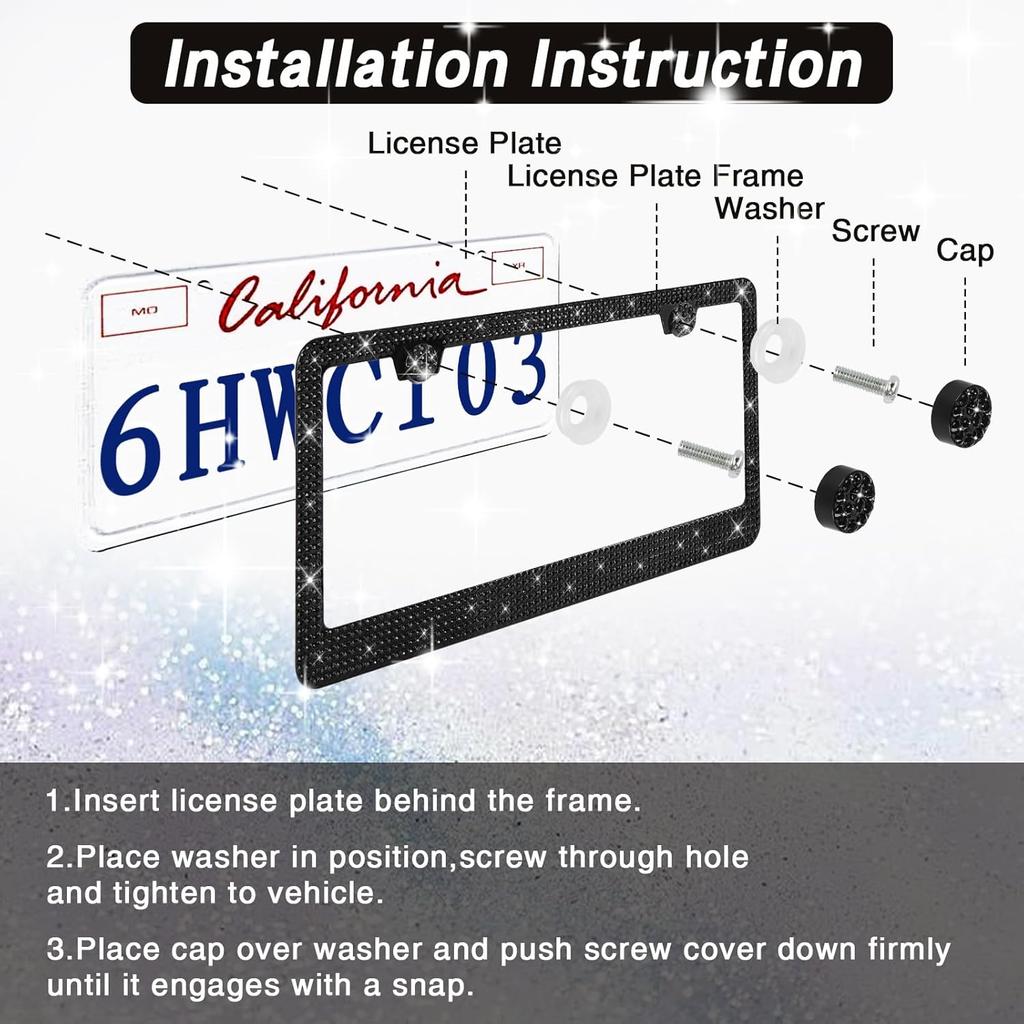 2 Pack Bling License Plate Frames Premium Sparkly License Plate Frame For Women Durable Black Bling Car Accessories