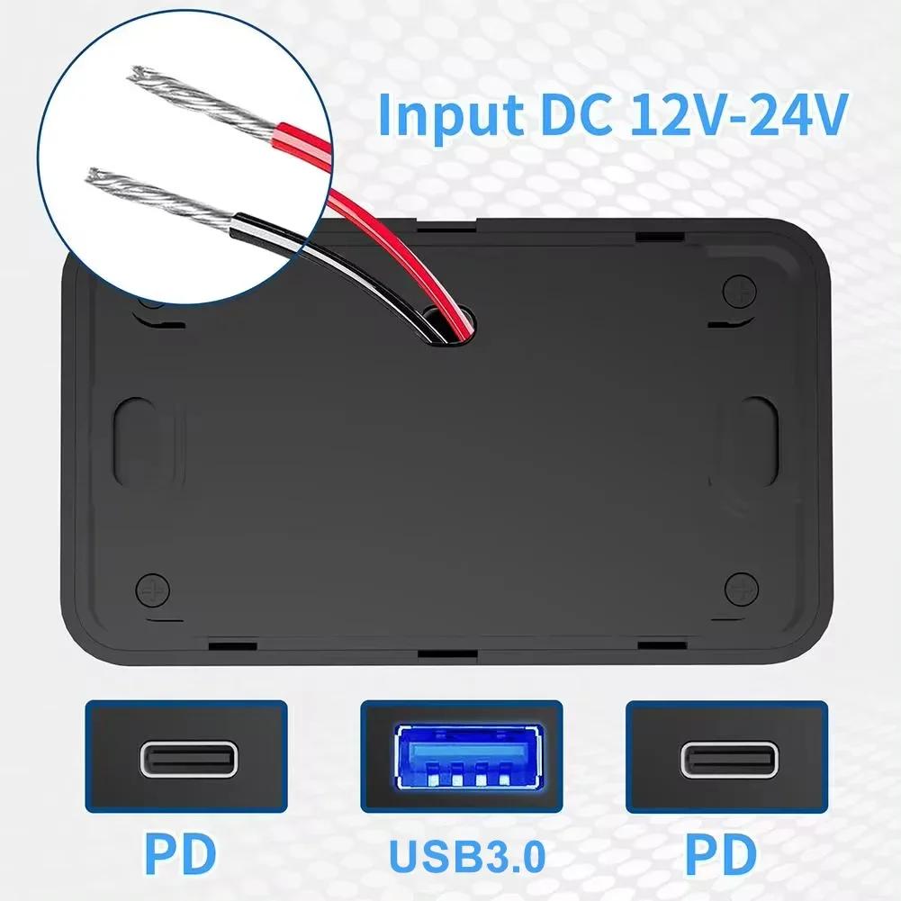 12-24V USB Car Charging Socket Dual PD + USB 3.0 Carregador rápido Socket Panel para carro Motocicleta RV Truck Acessórios