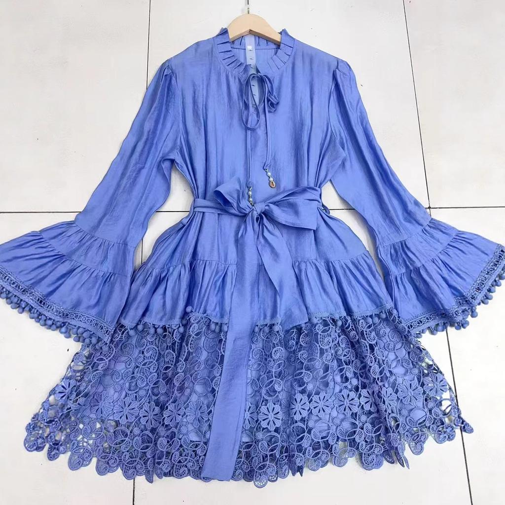White dress autumn stand-up collar horn sleeve long sleeve lace splicing hollow sweet cute short skirt women