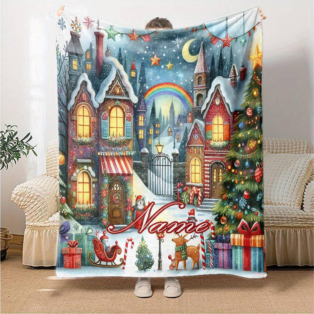 Custom Name Christmas Street Theme Printed Blanket - Perfect for Couch, Bed, Travel & Outdoor Use | Machine Washable, Cozy & Durable.