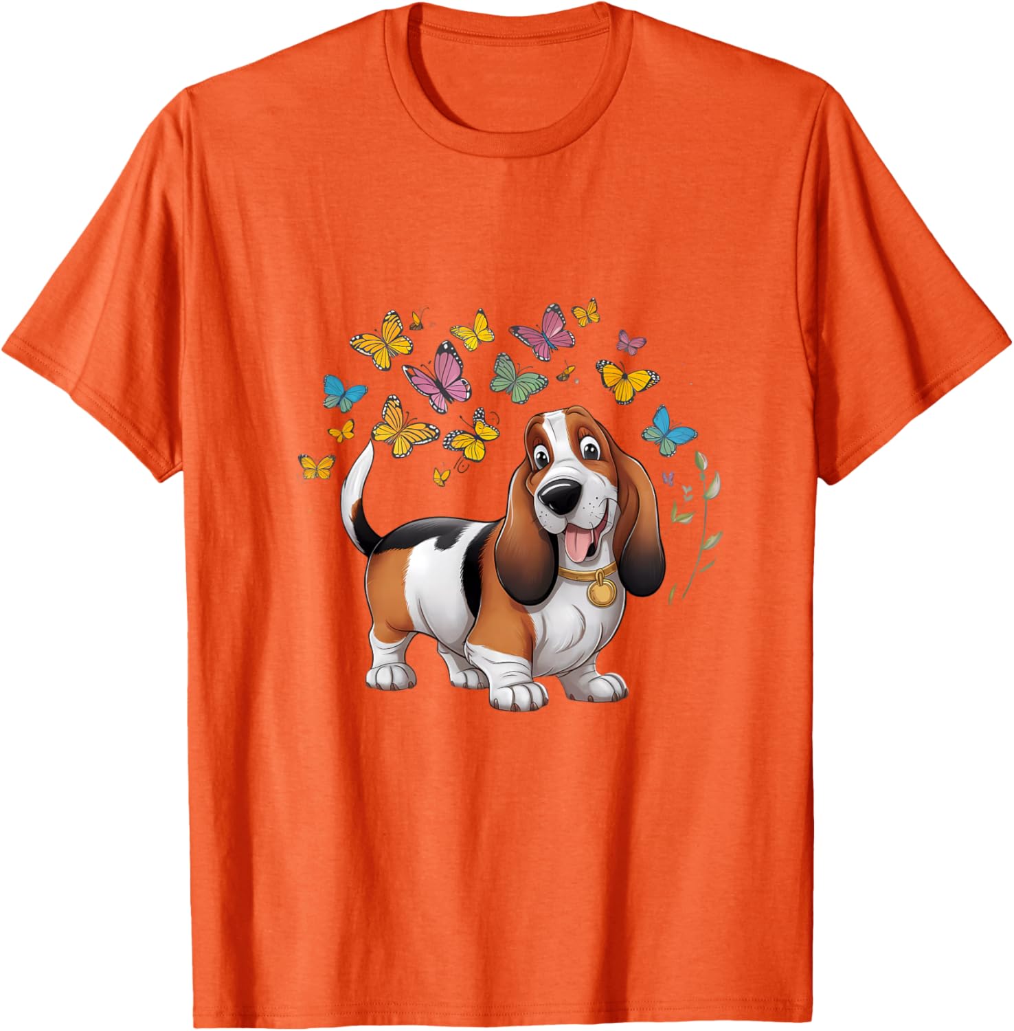 

Basset Hound Dog with Butterflies Graphic Tee Casual Cotton T-Shirt for Men Spring Autumn 4XL