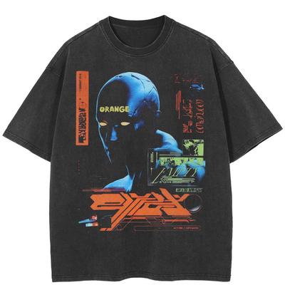 T-shirt unisexe à imprimé robot streetwear en coton délavé noir, hauts unisexes, t-shirts d'été à manches courtes
