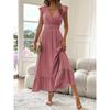 Women's Summer V-Neck Ruffle Short Sleeve Maxi Dress Shirred Elastic Waist Flowy Casual Beach Vacation Sundress